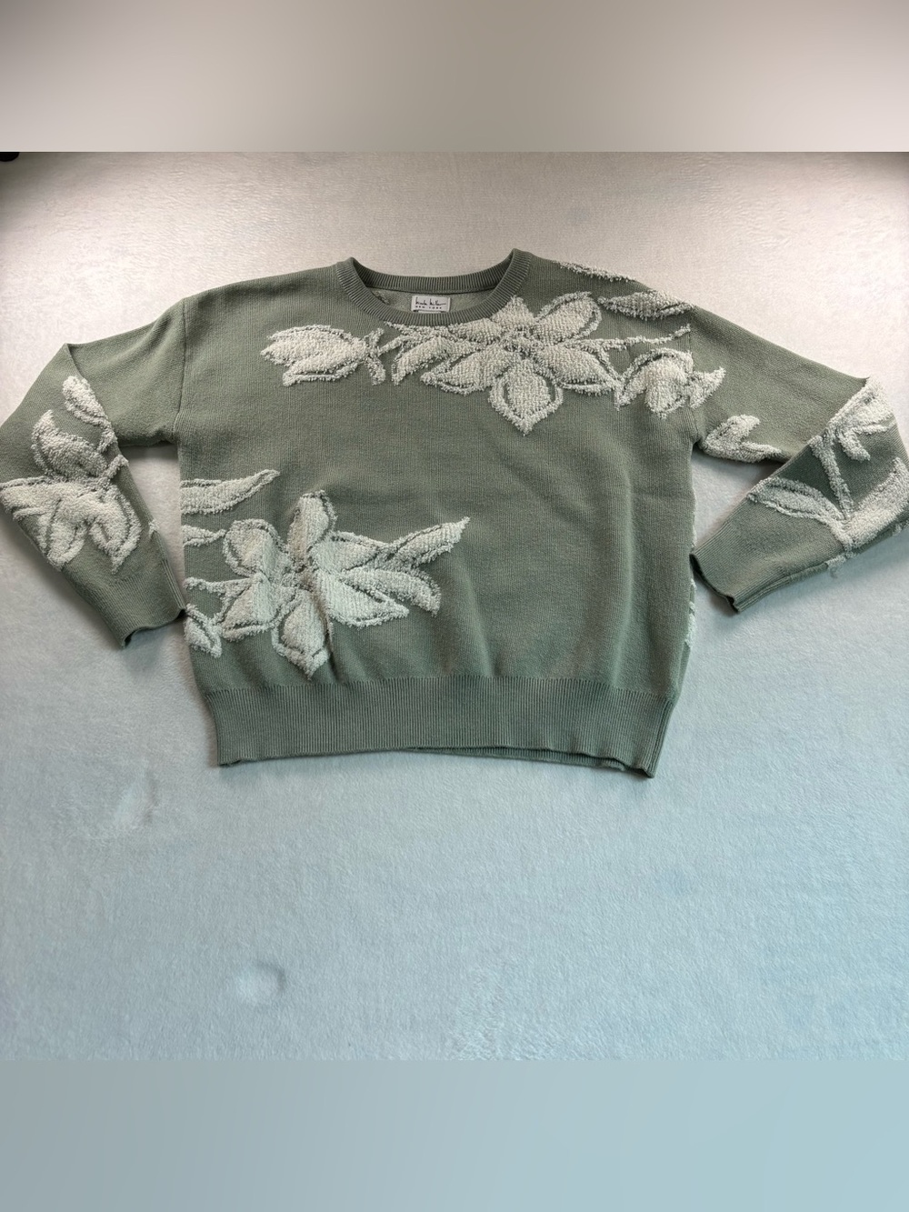 Nicole Miller Sage Green Crewneck Sweater with Cream Floral Motif
